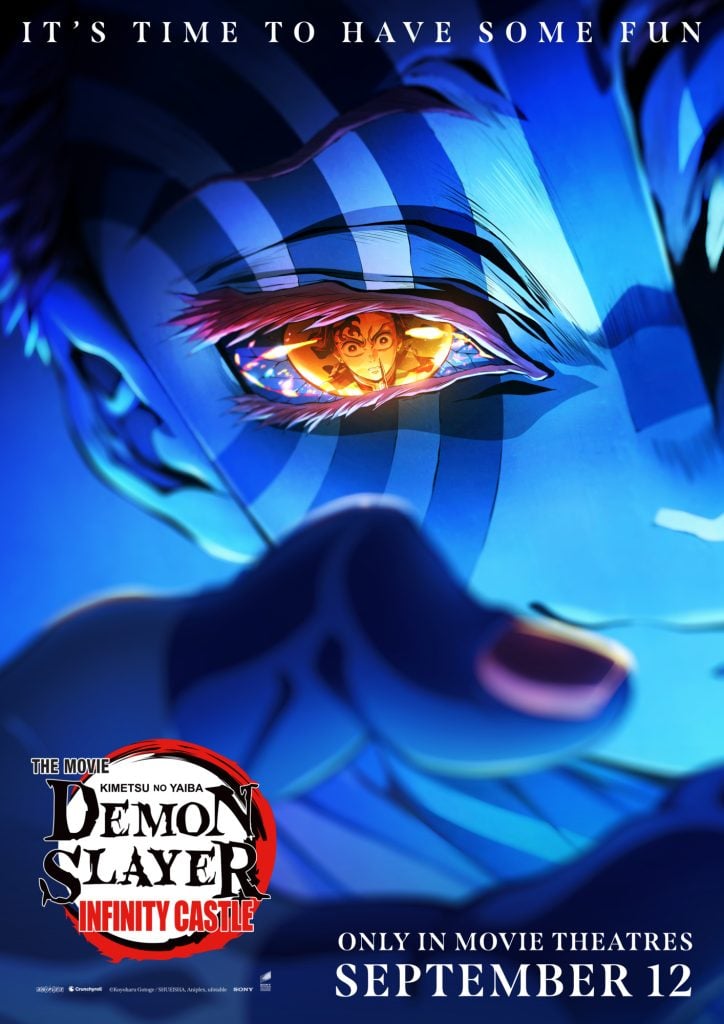 Close-up of a character’s eye reflecting another figure, with text promoting "Demon Slayer: Infinity Castle" movie, in theaters September 12.