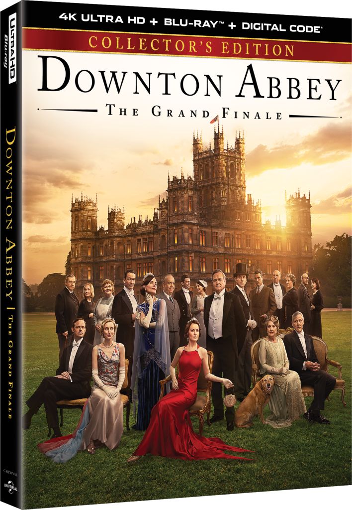 Cover of 'Downton Abbey: The Grand Finale' Collector’s Edition showing the main cast in formal attire posing in front of a large mansion.