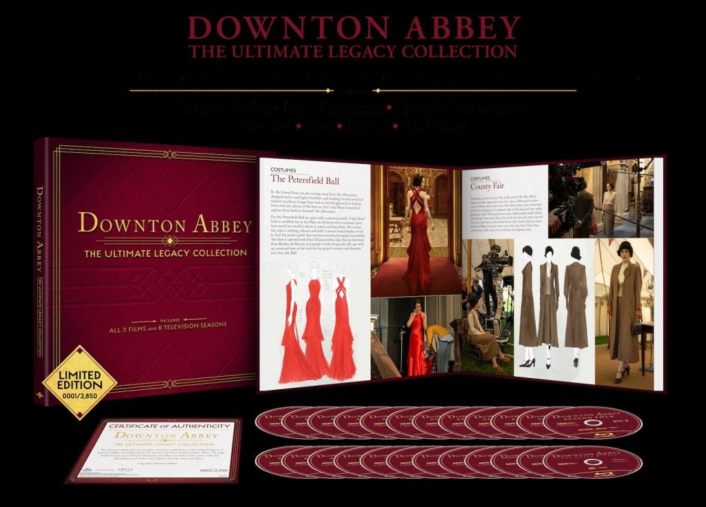 Image shows the "Downton Abbey: The Ultimate Legacy Collection" box set, including discs, an open booklet with costume designs, and a certificate of authenticity, labeled as a limited edition.