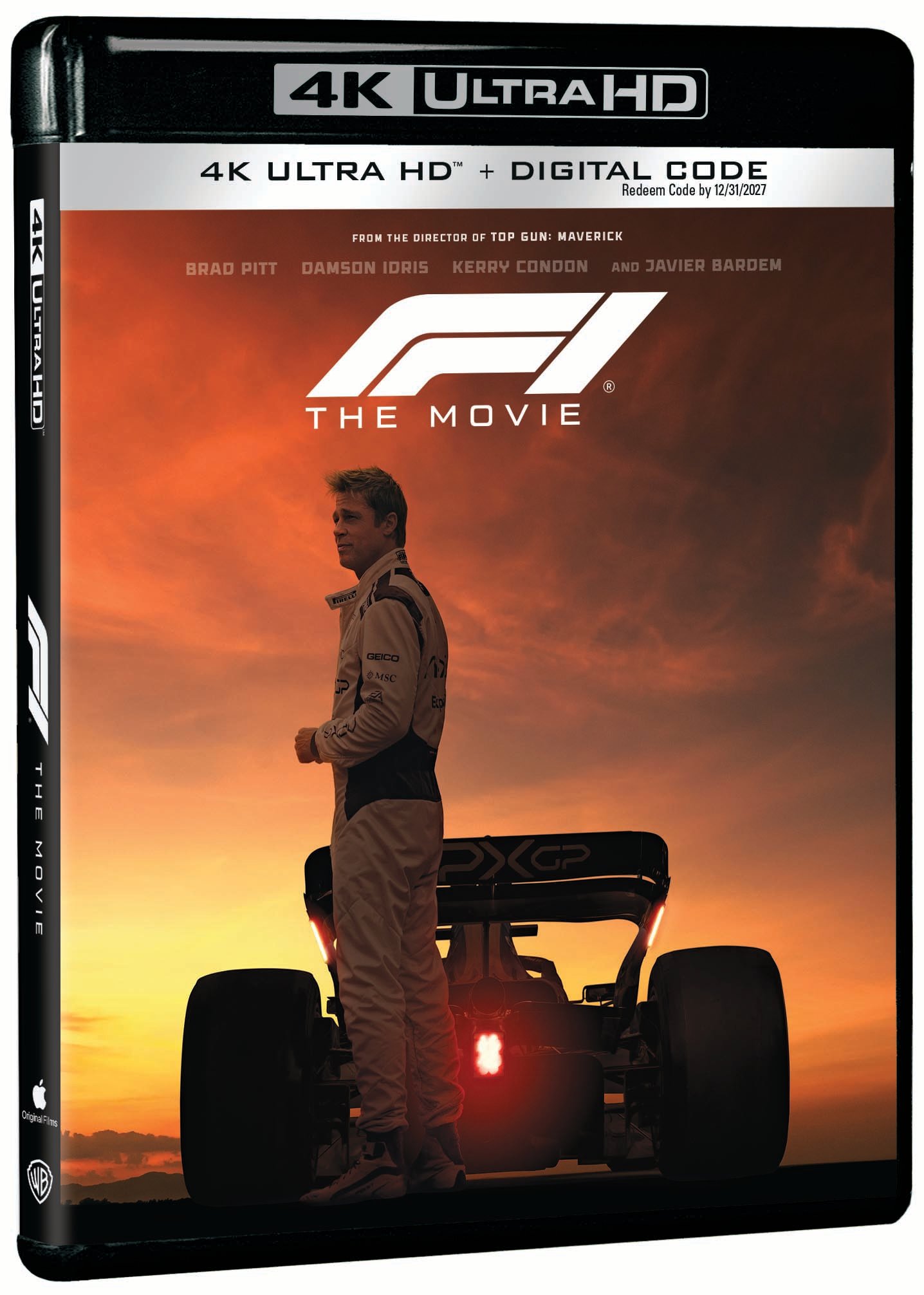 Front cover of "F1: The Movie" 4K Ultra HD case showing a driver standing beside a Formula 1 car at sunset, with the movie title and format details visible.
