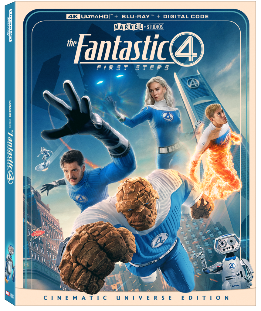 Cover art for "The Fantastic Four: First Steps" 4K Blu-ray, showing the four superheroes in costume using their powers against a cityscape background.