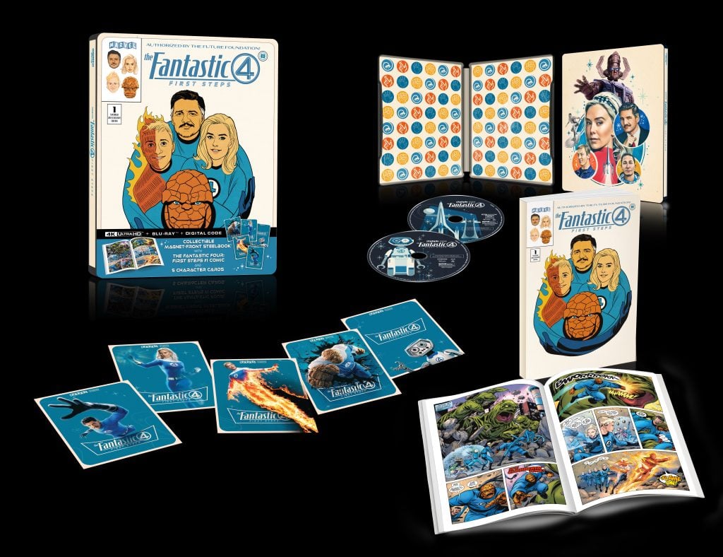 Box set of "Fantastic Four: First Steps" with illustrated box, open comic book, playing cards, two discs, and booklet displayed on a black background.