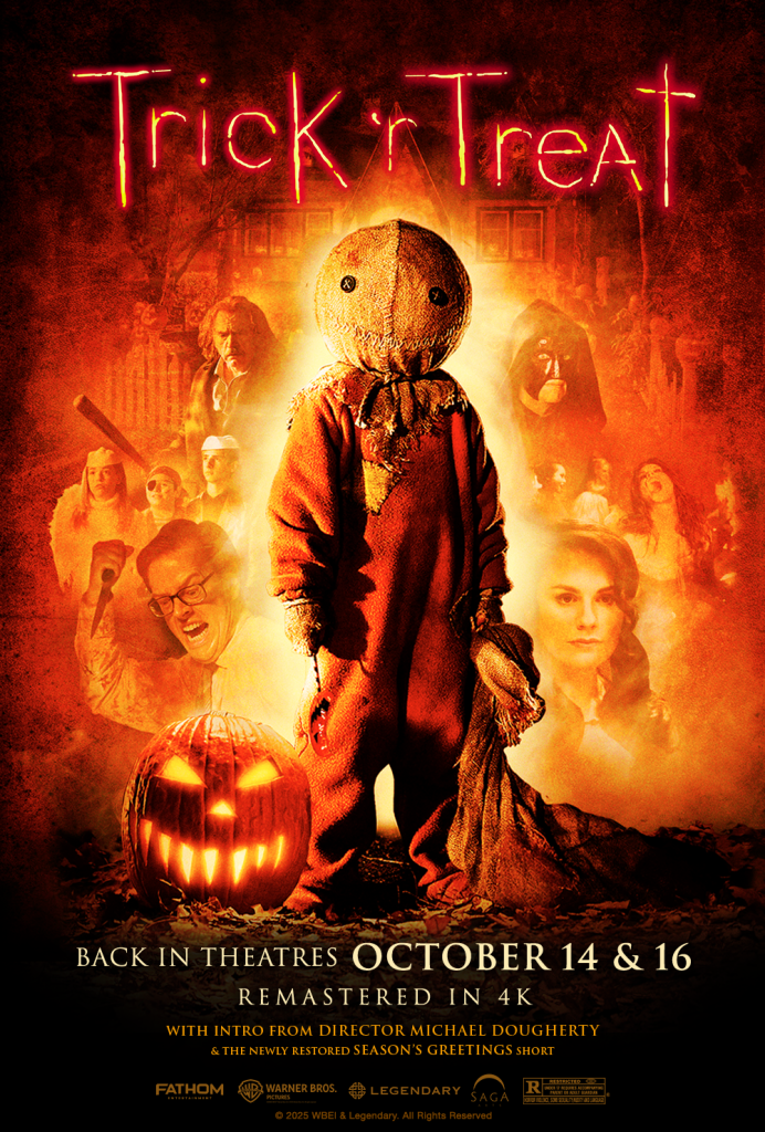 Poster for the film "Trick 'r Treat" featuring a burlap-masked figure in the foreground with various character faces and Halloween imagery in the background.