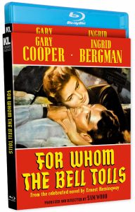 Blu-ray cover of "For Whom the Bell Tolls" featuring Gary Cooper and Ingrid Bergman embracing, with the film title in large yellow and red text below them.