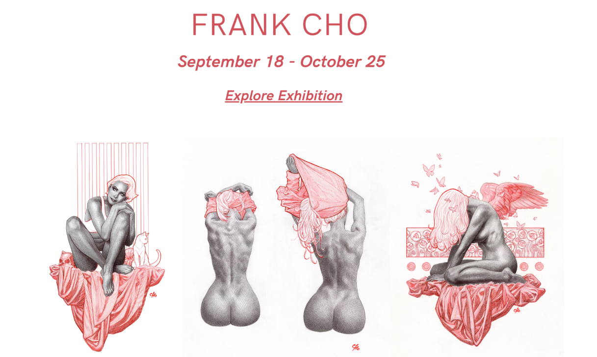 Three detailed pencil and red ink drawings of nude female figures by Frank Cho, seated or kneeling on draped fabric, featured in an exhibition titled "Frank Cho: September 18 - October 25.
