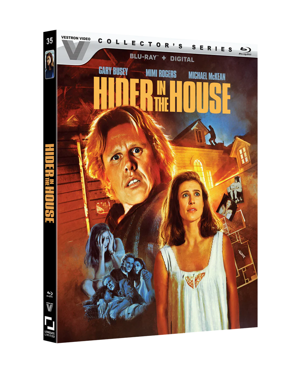 Blu-ray cover for "Hider in the House" featuring Gary Busey, Mimi Rogers, and Michael McKean, with dramatic artwork of characters and a house in the background.