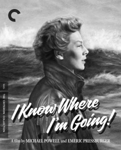 A black-and-white image of a woman in profile standing by the sea, with waves in the background and the text "I Know Where I'm Going!" in bold script across the image.