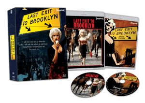 Blu-ray box set of "Last Exit to Brooklyn" featuring the outer box, two discs, and two cases with film title and cover images of a woman in 1960s urban scenery.