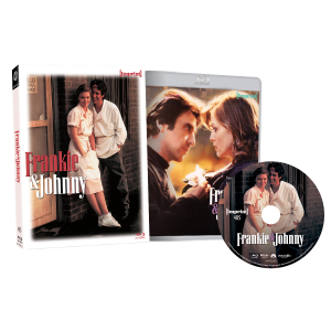 A DVD box set, Blu-ray case, and disc for the film "Frankie & Johnny," featuring a man and woman standing together on the cover.
