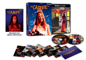A 4K Ultra HD "Carrie" box set with a lenticular card, case, discs, postcards, booklet, and photos featuring scenes and characters from the movie.