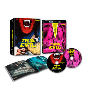 Box set for "Twins of Evil" includes a slipcase, a 4K Ultra HD case, two discs with movie art, and an open booklet displaying production stills.