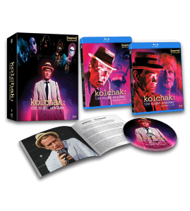 Box set of "Kolchak: The Night Stalker" Blu-ray edition, featuring two cases, a booklet, and a disc with images of the main character in a hat and supernatural-themed artwork.