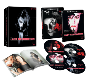 Box set of "The Last Seduction" includes a slipcase, two 4K Ultra HD/Blu-ray cases, three discs with character portraits, and an open booklet with images from the film.