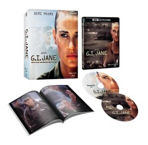 Box set of "G.I. Jane" featuring a slipcover, Blu-ray and 4K Ultra HD discs, an open booklet, and cover art with Demi Moore in military attire.