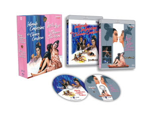 Box set with pink and white packaging containing two Blu-ray cases and discs for "Intimate Confessions of a Chinese Courtesan" and "Lust for Love of a Chinese Courtesan.