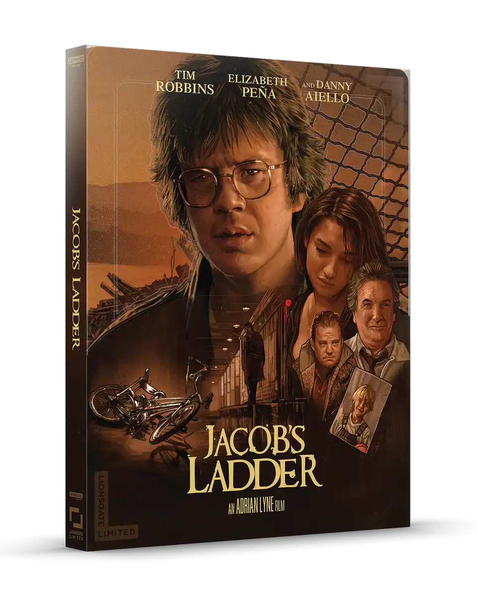 A DVD box cover for the film "Jacob's Ladder," featuring Tim Robbins and other characters with a background of a bicycle, barbed wire, and dramatic lighting.