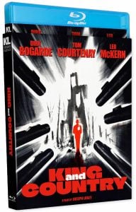 Blu-ray case of "King and Country" features a black and white illustration of a ruined building with a lone figure, red and white title text, and actor names at the top.