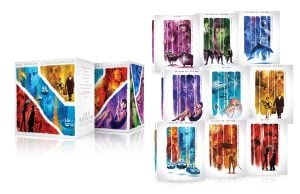 Box set of Luc Besson films with illustrated covers for each movie, showcasing various characters and colorful, stylized artwork.