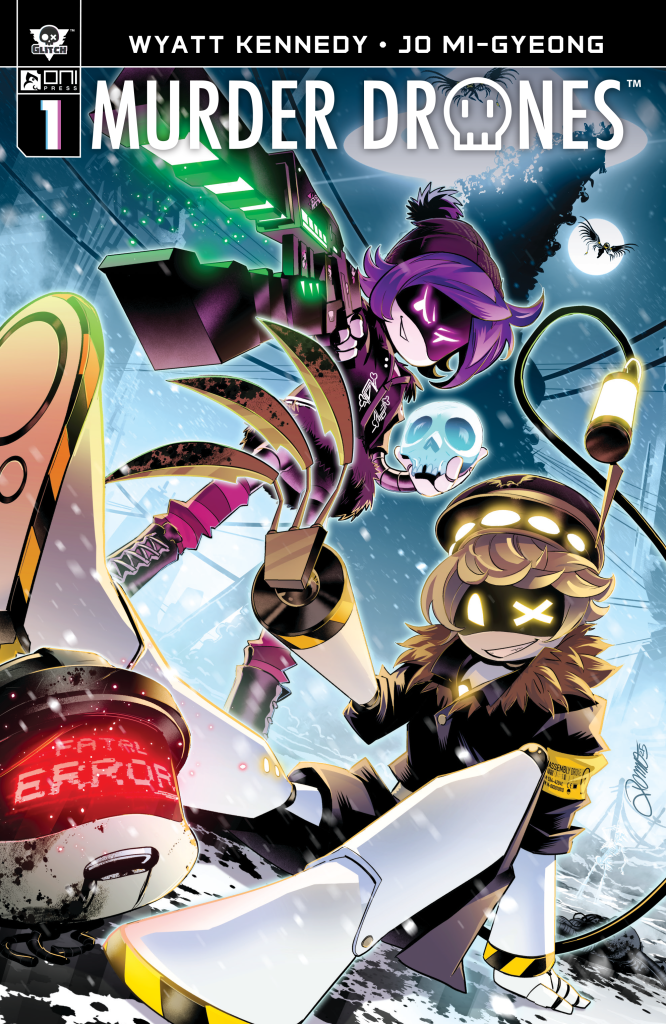 Comic book cover featuring two stylized robots in dynamic poses, one holding a glowing skull, with the title "Murder Drones" prominently displayed at the top.