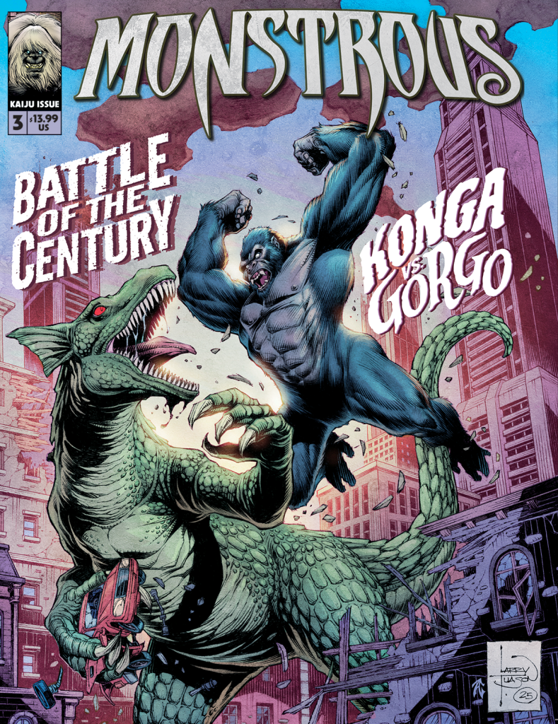 Comic book cover featuring a giant gorilla and a large reptilian monster fighting in a city, with the text "MONSTROUS," "Battle of the Century: Konga vs Gorgo.