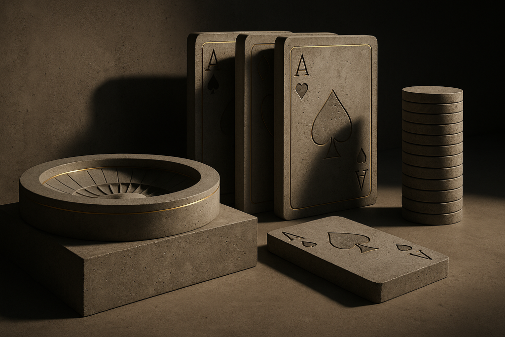 A roulette wheel, poker chips, and oversized playing cards made of concrete are arranged on a neutral surface under dramatic lighting.