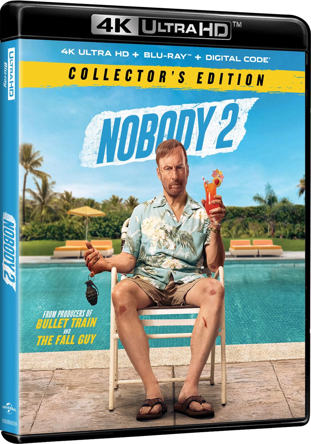 A man in a Hawaiian shirt sits poolside holding a cocktail and sunglasses on the "Nobody 2" Collector's Edition 4K Ultra HD movie cover.