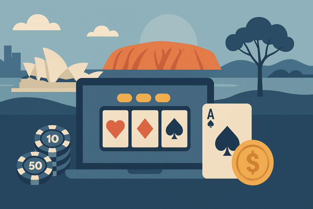 Illustration of a laptop displaying playing cards and slot symbols, with poker chips, a coin, and Australian landmarks in the background.
