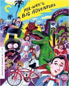 Colorful illustrated cover for Pee-wee’s Big Adventure featuring Pee-wee on a red bicycle, various quirky characters, and whimsical, surreal scenery; Criterion Collection label on the side.