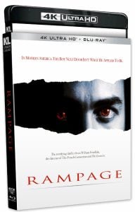 Blu-ray box cover for the film "Rampage" featuring a close-up of a man's intense eyes, with red text and a tagline above the film title.