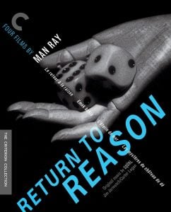A black-and-white image of a hand holding three dice, overlaid with angled text promoting "Return to Reason," a film by Man Ray from The Criterion Collection.