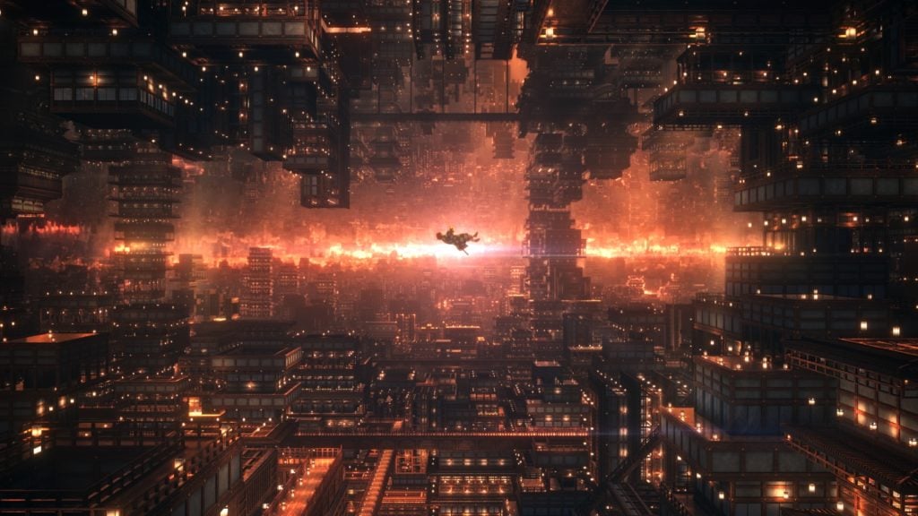 A person floats in the center of a futuristic cityscape with towering buildings and glowing orange lights, creating an illusion of gravity-defying architecture.