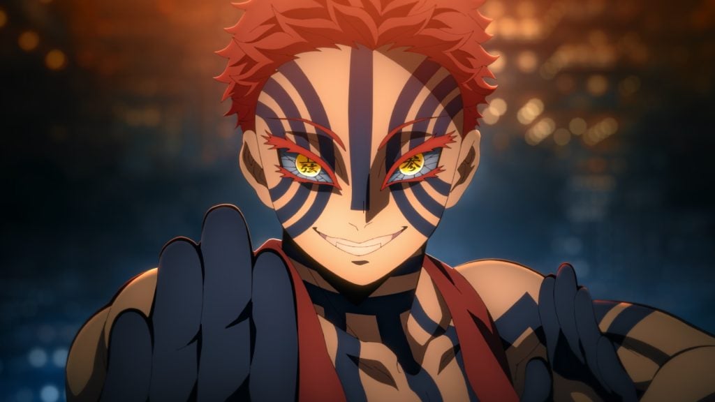 Anime character with red spiky hair, striped facial markings, golden eyes, and a confident smile, raising gloved hands in a dynamic nighttime setting.