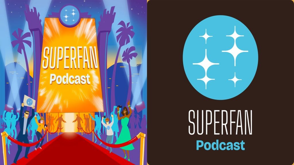 Split image: Left side shows an illustrated red carpet event with "SUPERFAN Podcast" on a marquee; right side displays the podcast’s blue star logo above the text "SUPERFAN Podcast" on a dark background.