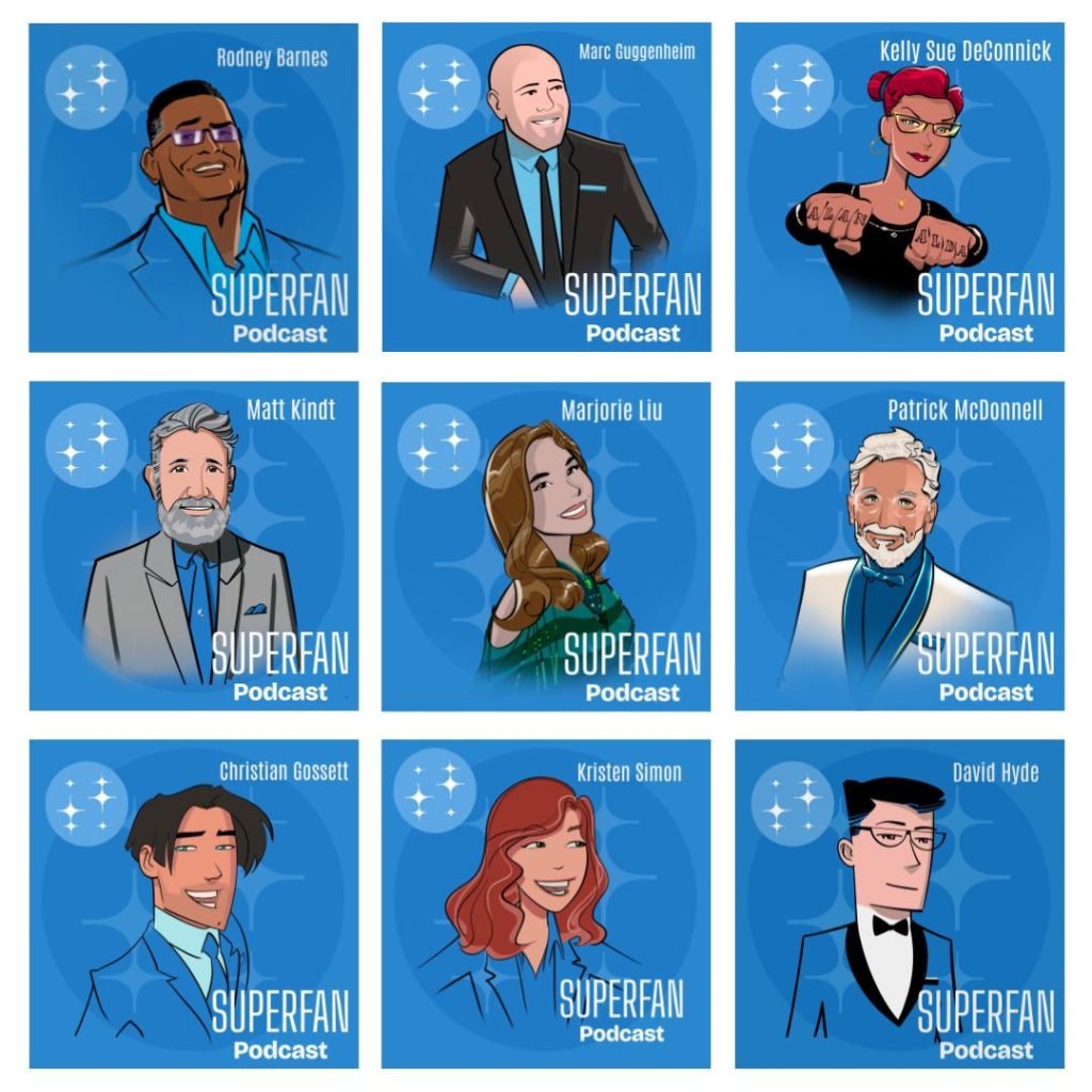 A 3x3 grid of illustrated portraits featuring nine podcast guests, each labeled with their name and the text "SUPERFAN Podcast" on a blue background.