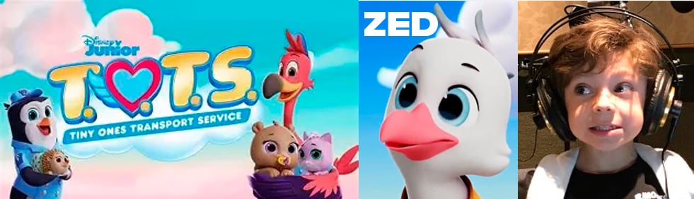 Disney Junior T.O.T.S. logo with animated bird characters on the left, a close-up of a white bird labeled "ZED" in the center, and a child wearing headphones on the right.