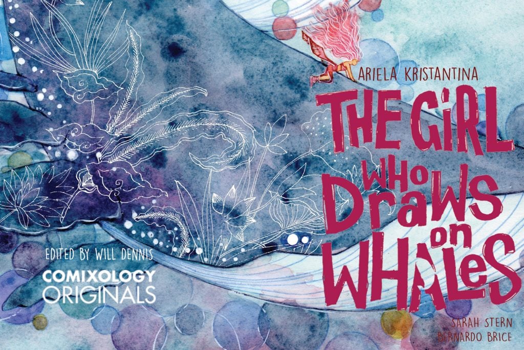 Book cover for "The Girl Who Draws on Whales" features an artistic underwater scene with whales, sea plants, and bold red and white text.