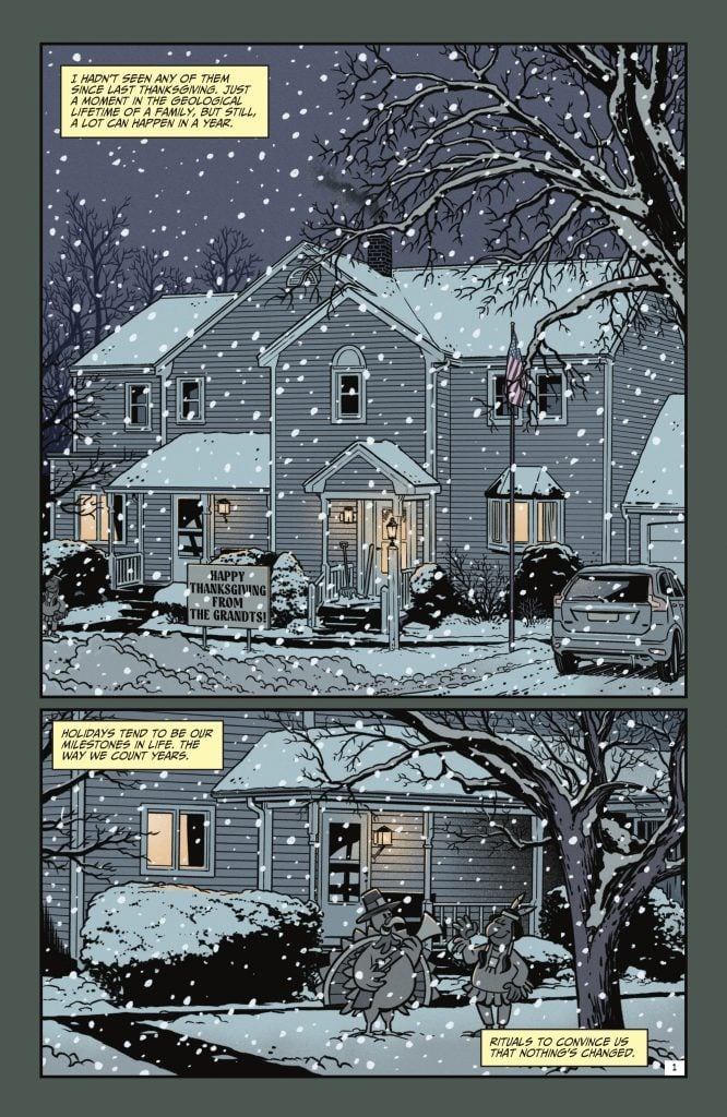 A snowy evening outside a two-story house with holiday lights; people are visible in the warmly lit entryway and two children play in the front yard.
