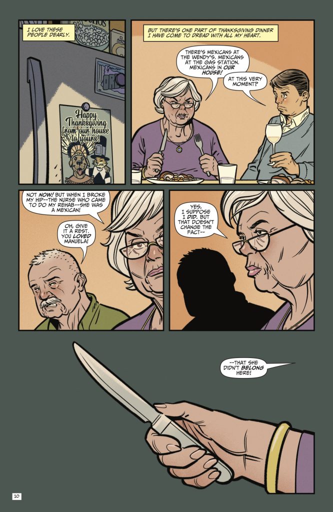 A comic page shows an elderly woman at Thanksgiving dinner discussing Mexican food traditions with family members, while holding a knife in the final panel.