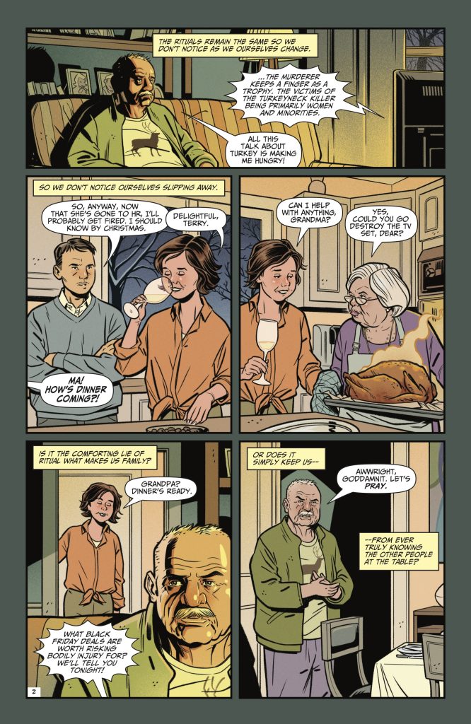 A family prepares and eats dinner together at home; an older man narrates about rituals, memories, and aging in the accompanying captions.
