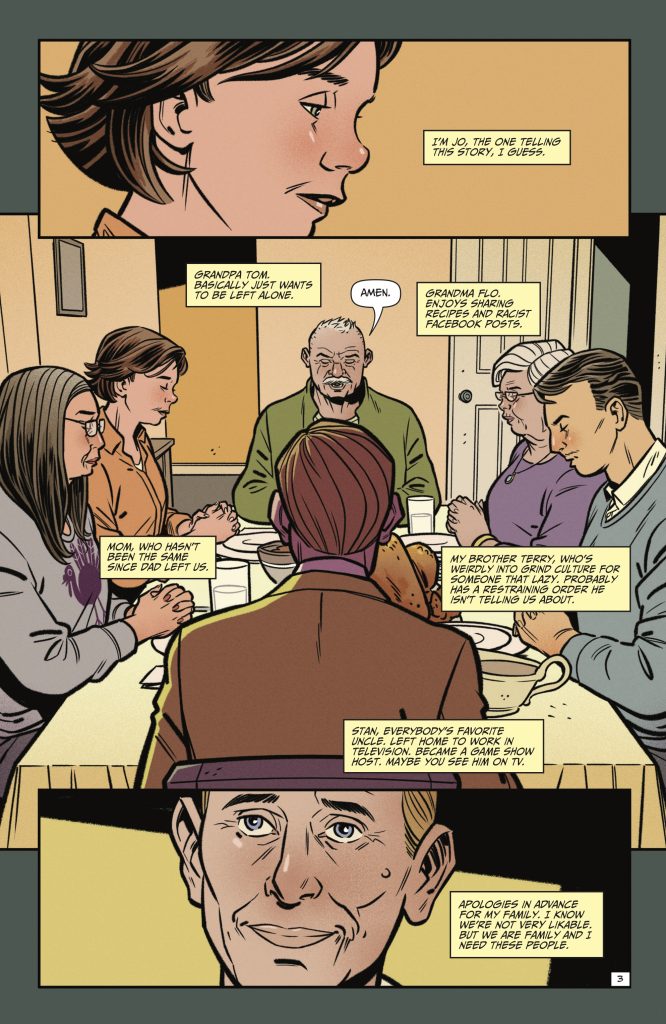 Six people are seated around a dining table sharing a meal, with one person at the head of the table leading in prayer. The scene appears to be a family gathering.