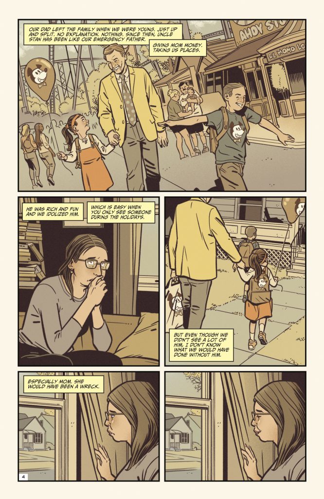 A comic page shows flashbacks of a family: a father leaving with suitcases, a mother watching kids from a window, and a boy and girl walking to school while narration details family struggles.