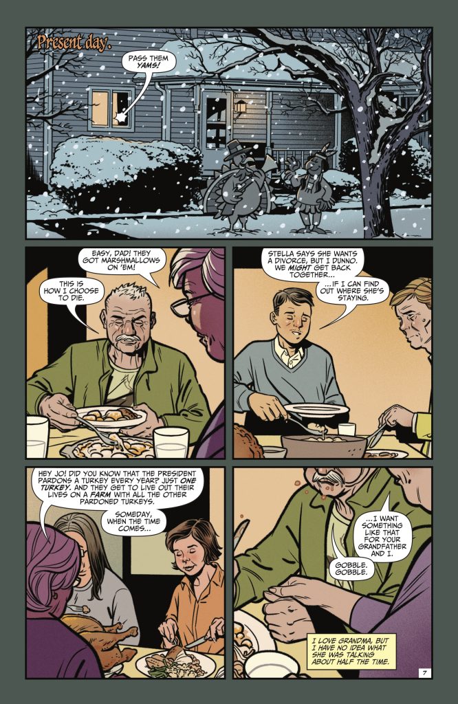 A family eats dinner together inside their house while two people approach the house from outside at night, as shown in a five-panel comic page.