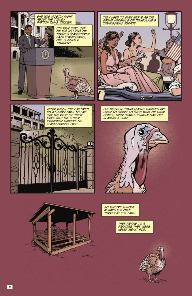A comic page shows a president speaking at a podium, people dining, a turkey, a fenced building, an empty pen, and a turkey standing outside, with narration about pardoned Thanksgiving turkeys.