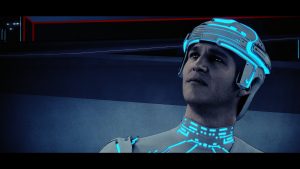 A man wearing a futuristic helmet and suit with glowing blue lines looks upward in a dimly lit, high-tech environment.