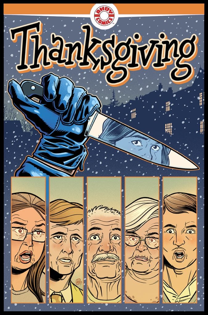 Comic book cover showing a gloved hand holding a large knife with a woman's face reflected in the blade; five shocked people are illustrated below under the title "Thanksgiving.