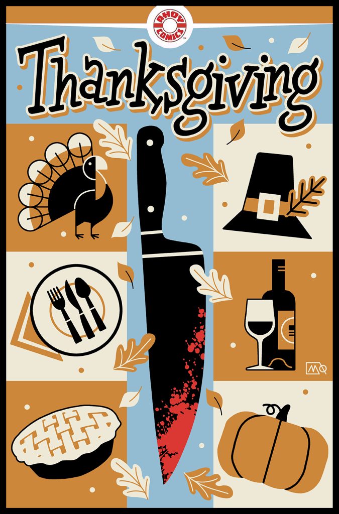 A Thanksgiving-themed illustration featuring a turkey, pie, pumpkin, hat, utensils, wine, and a large knife with a red stain in the center, surrounded by falling leaves.