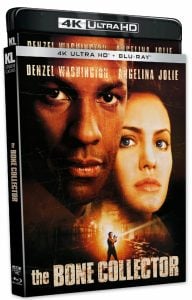 4K Ultra HD and Blu-ray cover for "The Bone Collector," featuring close-up images of Denzel Washington and Angelina Jolie with the film title and a cityscape in the background.