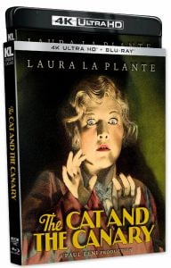 4K Ultra HD and Blu-ray cover for "The Cat and the Canary," featuring a startled woman with wide eyes and raised hands, illuminated by dramatic lighting.