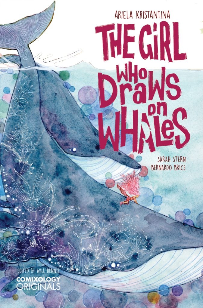 Illustrated book cover shows a large blue whale swimming underwater with a girl drawing on its side. Title reads "The Girl Who Draws on Whales." Author and illustrator names are listed.