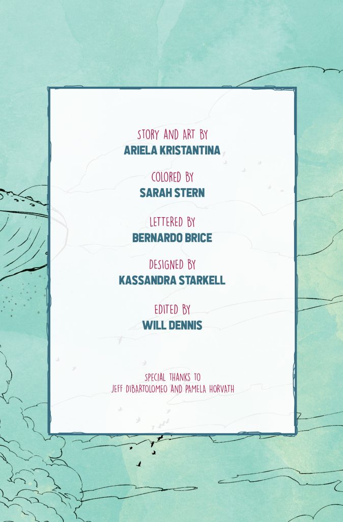 Credits page listing the story and art by Ariela Kristantina, color by Sarah Stern, and other contributors, on a blue illustrated background.